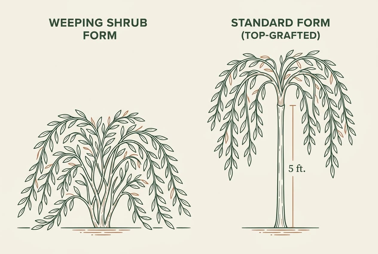 Horticultural comparison: Weeping Shrub Form vs. Standard Form (Top-Grafted)